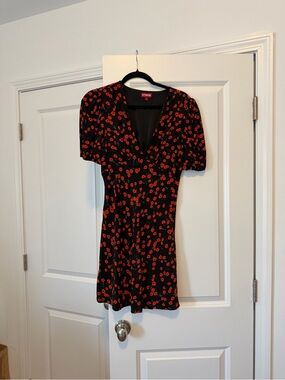 STAUD Black Mini Dress with Red Floral Print